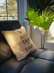 Coussin design - Keep calm carry on - Brun utilisé dans le cadre de la réalisation Autres Coussin Keep Calm Henri Figuier FR