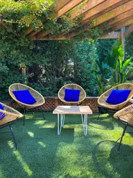 Acapulco chair - Beige used in the inspiration Acapulco Beige Coussin Bleu Oslo Blanc
